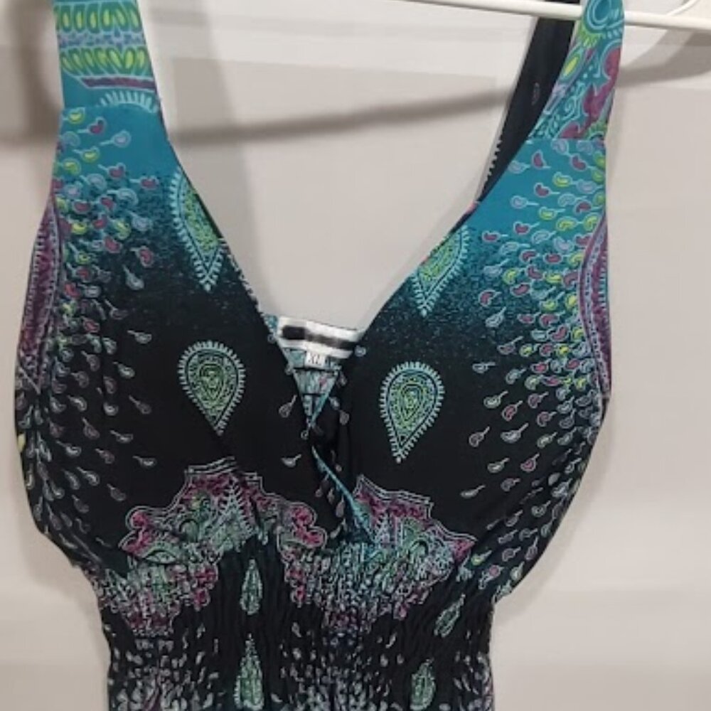 NEELAM FASHIONS VINTAGE VIBRANT PEACOCK PRINT RUCHED  SLEEVELESS DEEP V NECK XL
